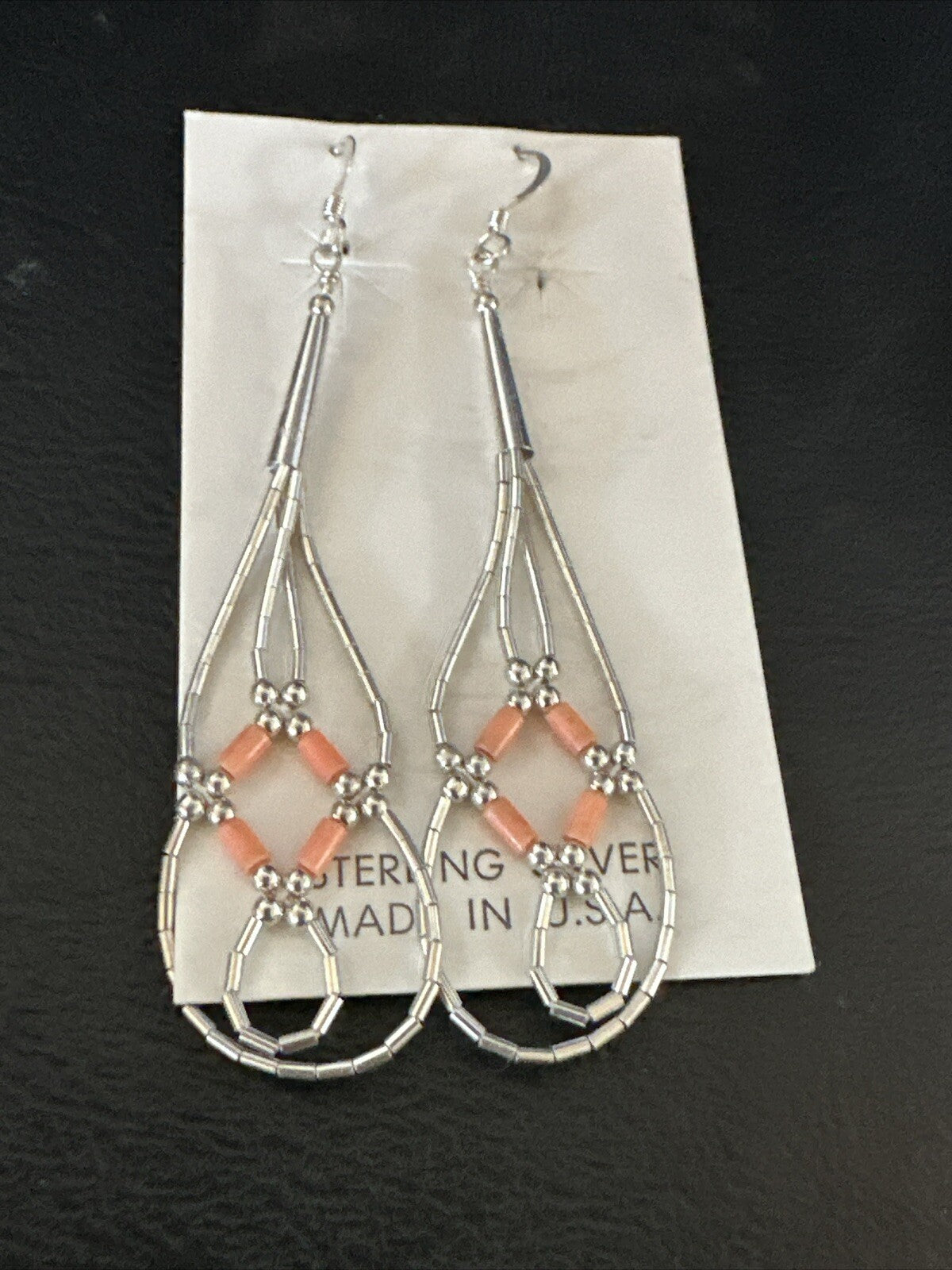 Pink Coral 2 Strands Heishi Liquid Sterling Silver Dangle Earrings 2" 17983