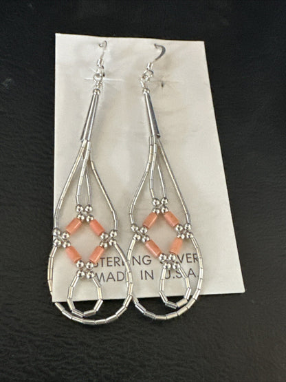 Pink Coral 2 Strands Heishi Liquid Sterling Silver Dangle Earrings 2" 17983