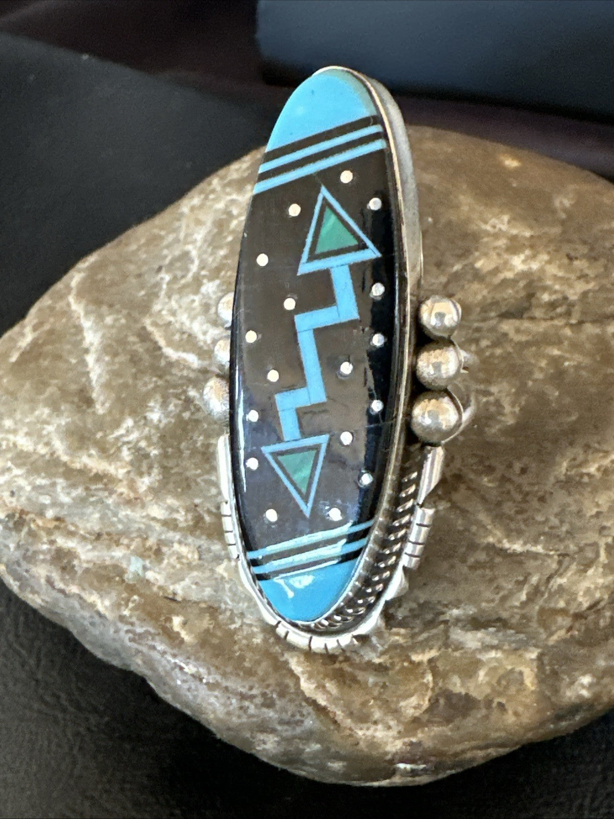Cosmic Inlay Black Onyx Blue Turquoise Navajo Sterling Silver Ring Sz 9.5 19790