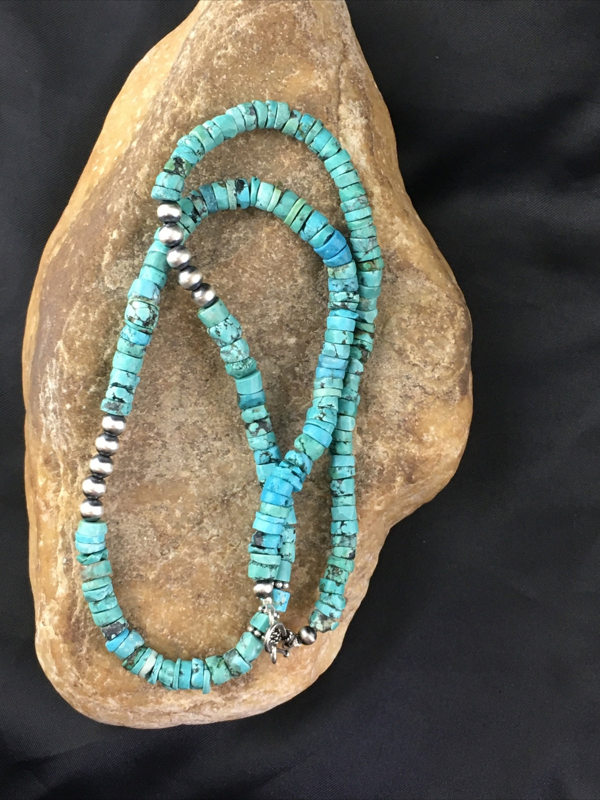 Blue Turquoise 7mm Heishi Bead Navajo Sterling Silver Necklace 1498