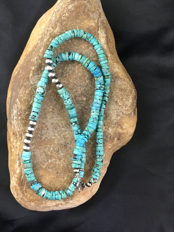 Blue Turquoise 7mm Heishi Bead Navajo Necklace | Sterling Silver | Authentic Native American Handmade | 1498