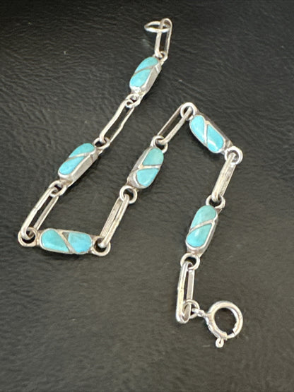 Blue Turquoise Navajo Old Pawn Sterling Silver Inlay Bracelet 7.5” 18152