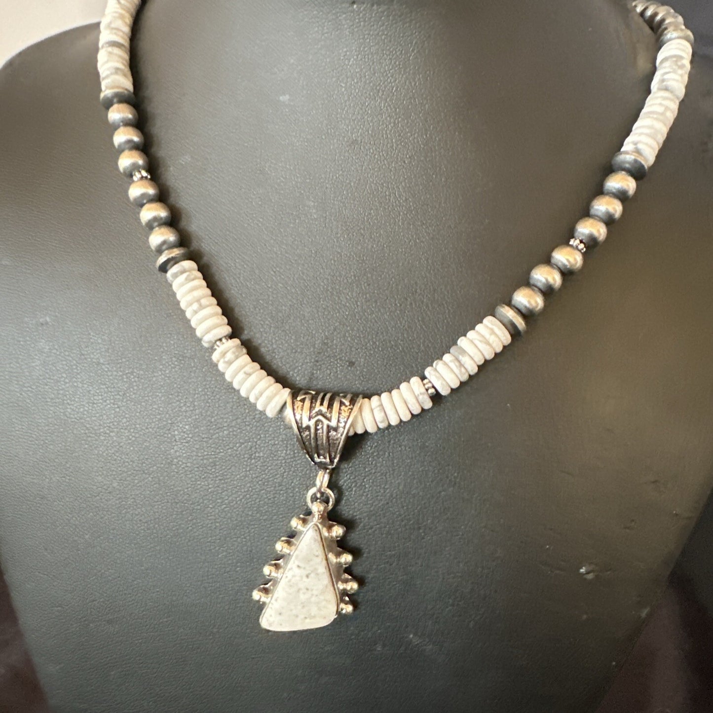 White Buffalo Turquoise Pendant Navajo Pearls Sterling Silver Necklace 22" 18257
