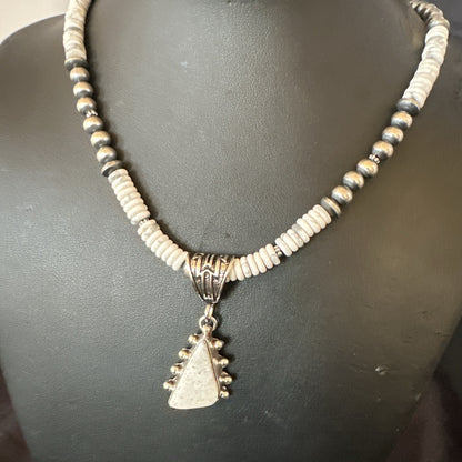 White Buffalo Turquoise Pendant Navajo Pearls Sterling Silver Necklace 22" 18257