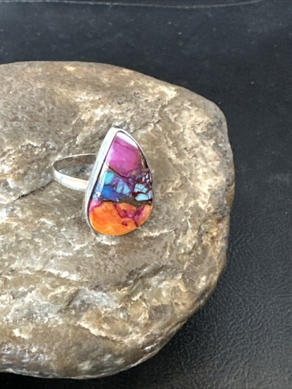 Blue Turquoise Spiny Oyster Southwestern Sterling Silver Ring Size 9 18464
