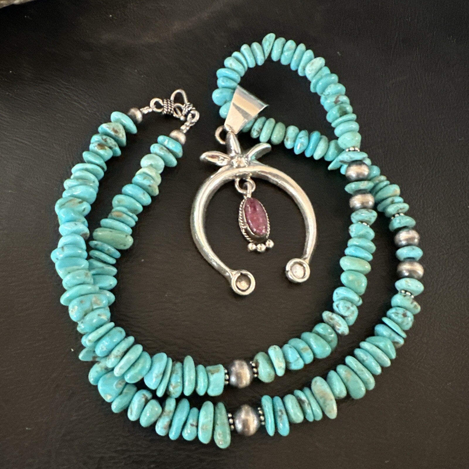 Mens Blue Turquoise Spiny Naja Pendant Navajo Sterling Silver Necklace 21” 17719