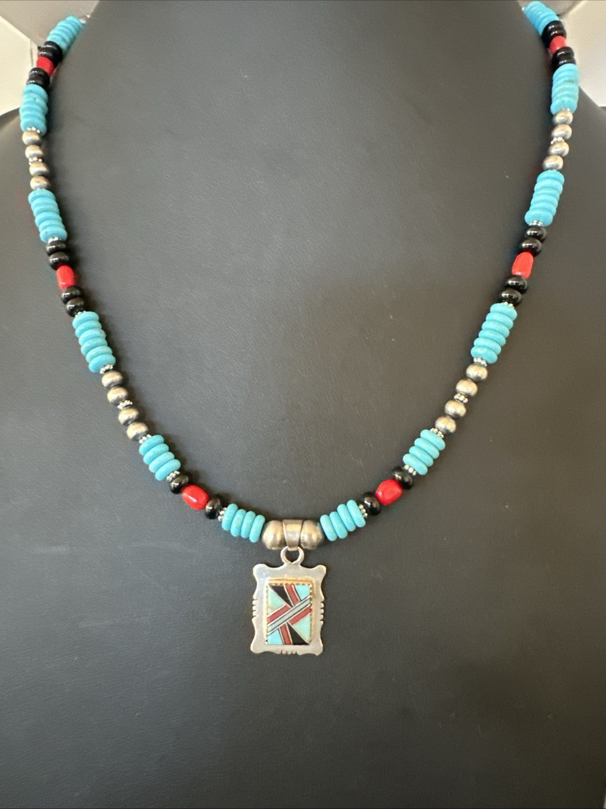 Multicolor Turquoise Coral Navajo Sterling Silver Inlay Pendant Necklace 19649