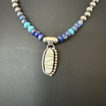Blue Turquoise White Opal Pendant Lapis Navajo Sterling Silver Necklace 19471