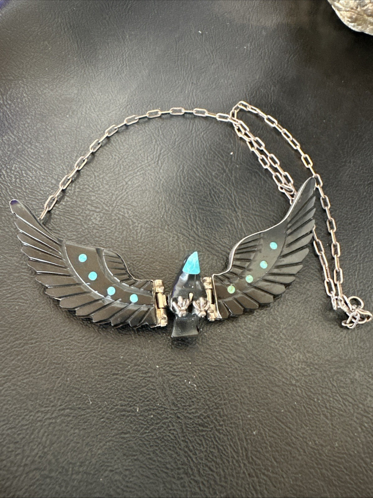 Navajo Flying Eagle 4.5"  Black Jet Turquoise Necklace F Tom 20” 19420