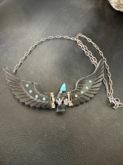 Navajo Flying Eagle 4.5"  Black Jet Turquoise Necklace F Tom 20” 19420