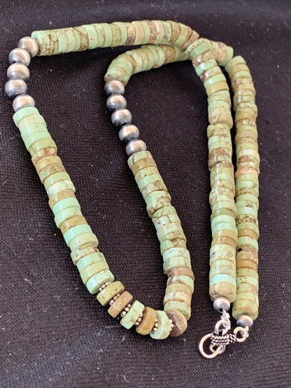 Green Turquoise Stabilized Heishi 8mm  Sterling Silver Beads Necklace 20"