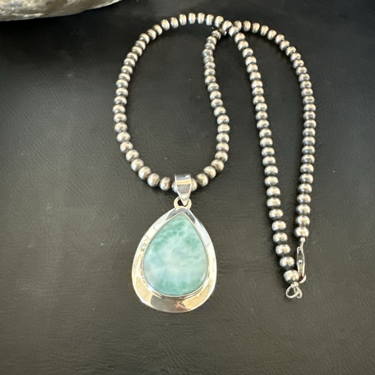 Womens Blue Larimar Pendant Navajo Sterling Silver Beads Necklace 17715