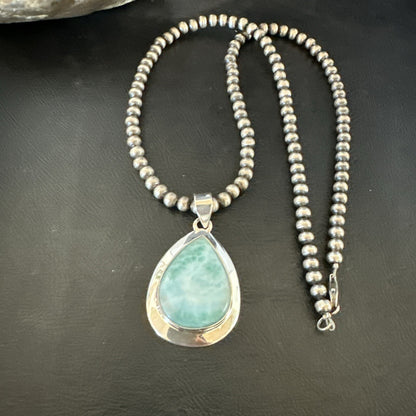 Womens Blue Larimar Pendant Navajo Sterling Silver Beads Necklace 17715