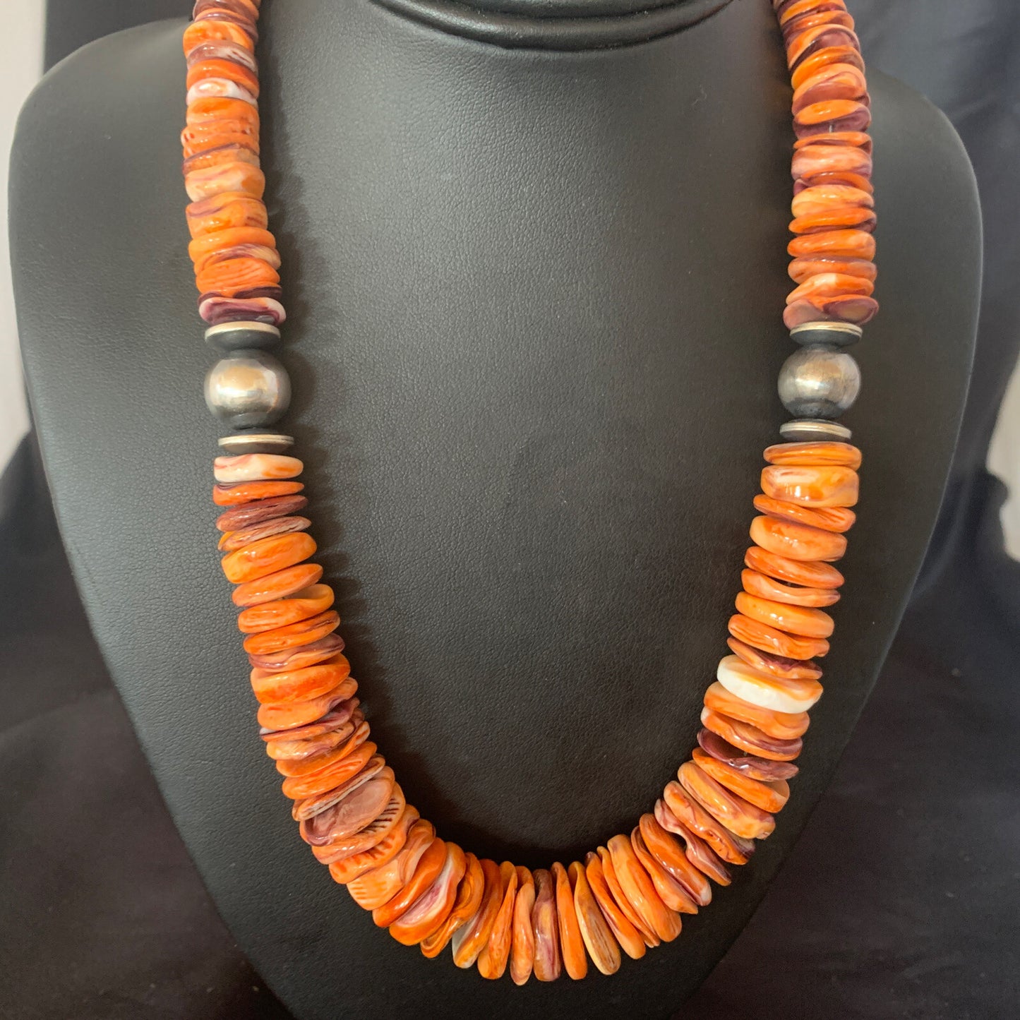 Orange Purple Spiny Oyster Navajo Pearls Sterling Silver Necklace 21" 12736
