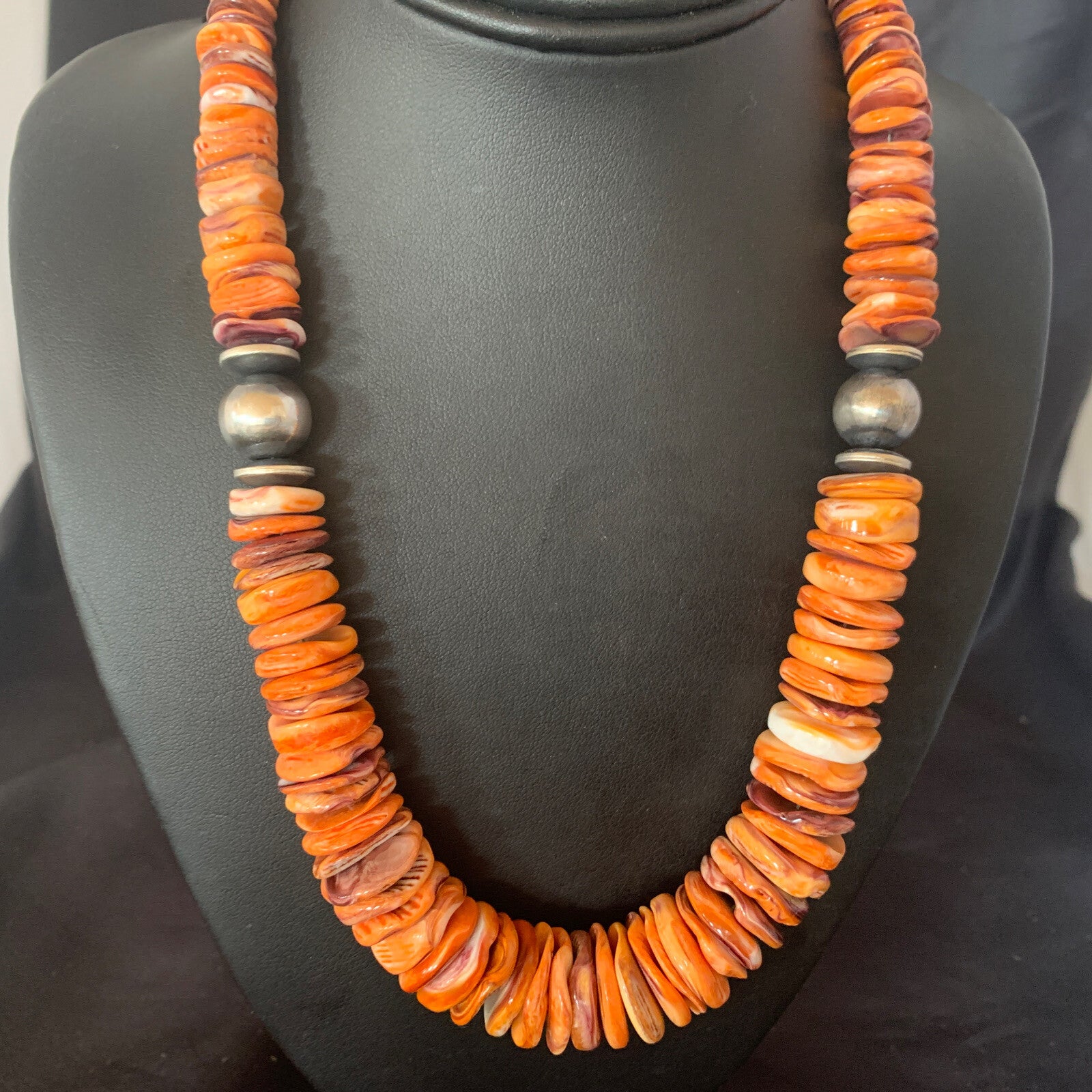 Orange Purple Spiny Oyster Navajo Pearls Sterling Silver Necklace 21" 12736