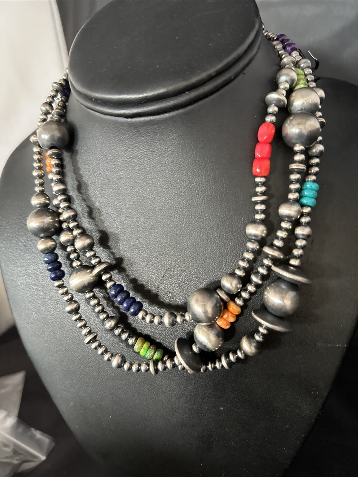 Turquoise Coral & Spiny Oyster Navajo Pearls Sterling Silver Bead Necklace 60"