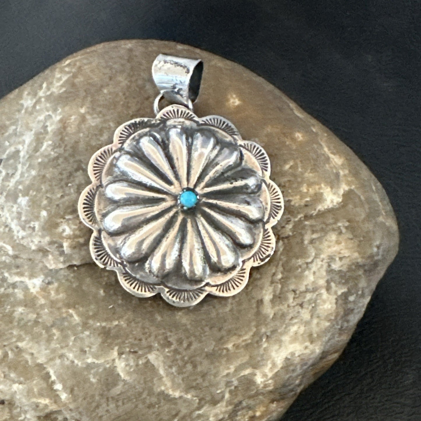 Navajo Native American Turquoise Pendant  Stamped Sterling Silver 1” 19687