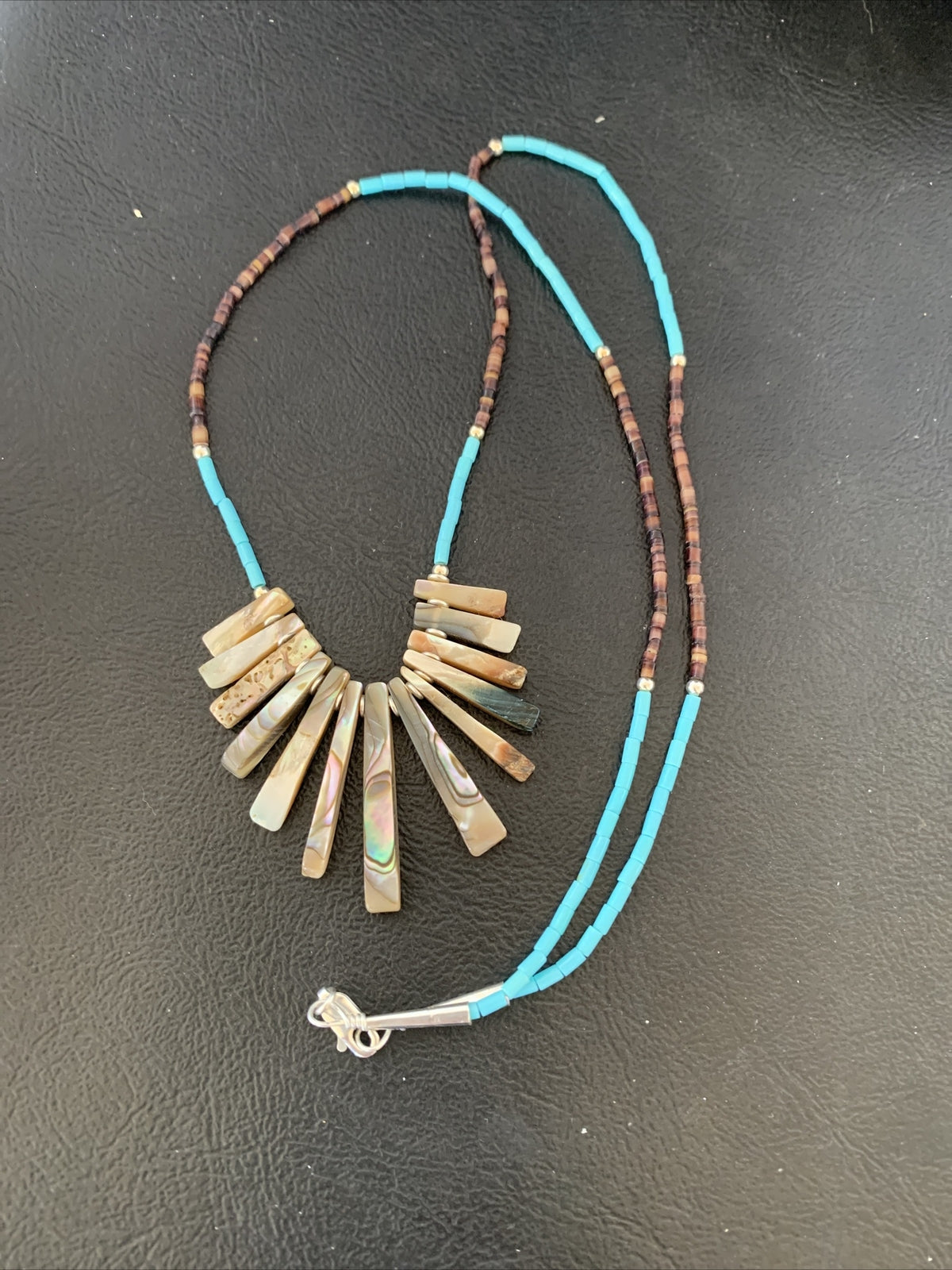 Blue Turquoise & Pava Shell Heishi Navajo Sterling Silver Necklace 01689