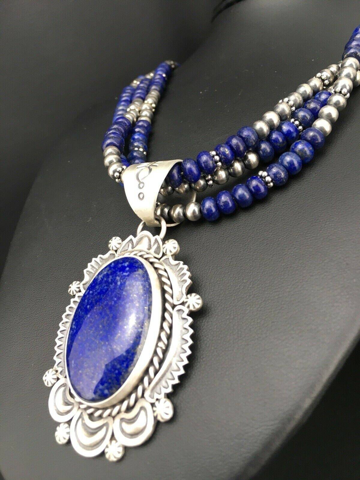 Native America Navajo Sterling Silver Lapis Lazuli Necklace Pendant 01273