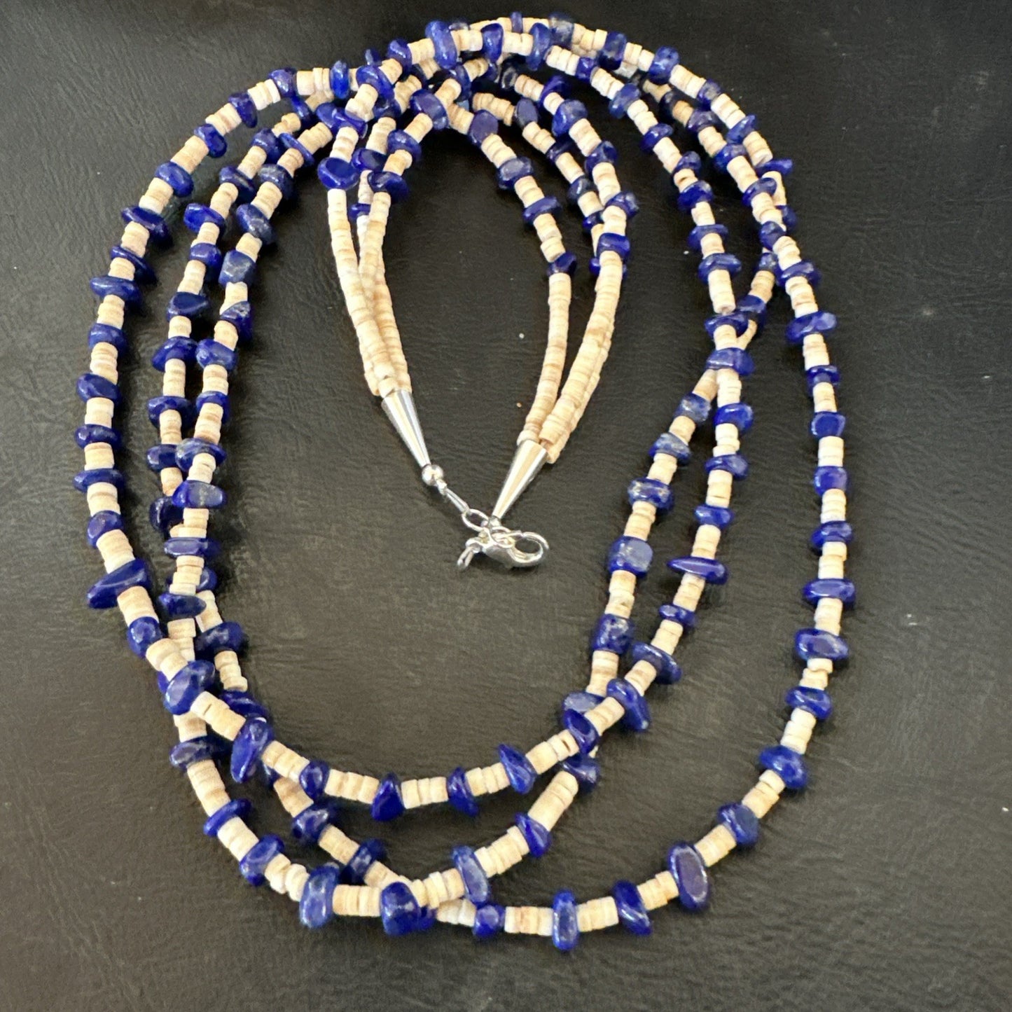 Blue Lapis Lazuli Tan Shell 3 Strand Navajo Sterling Silver Necklace 21” 19703