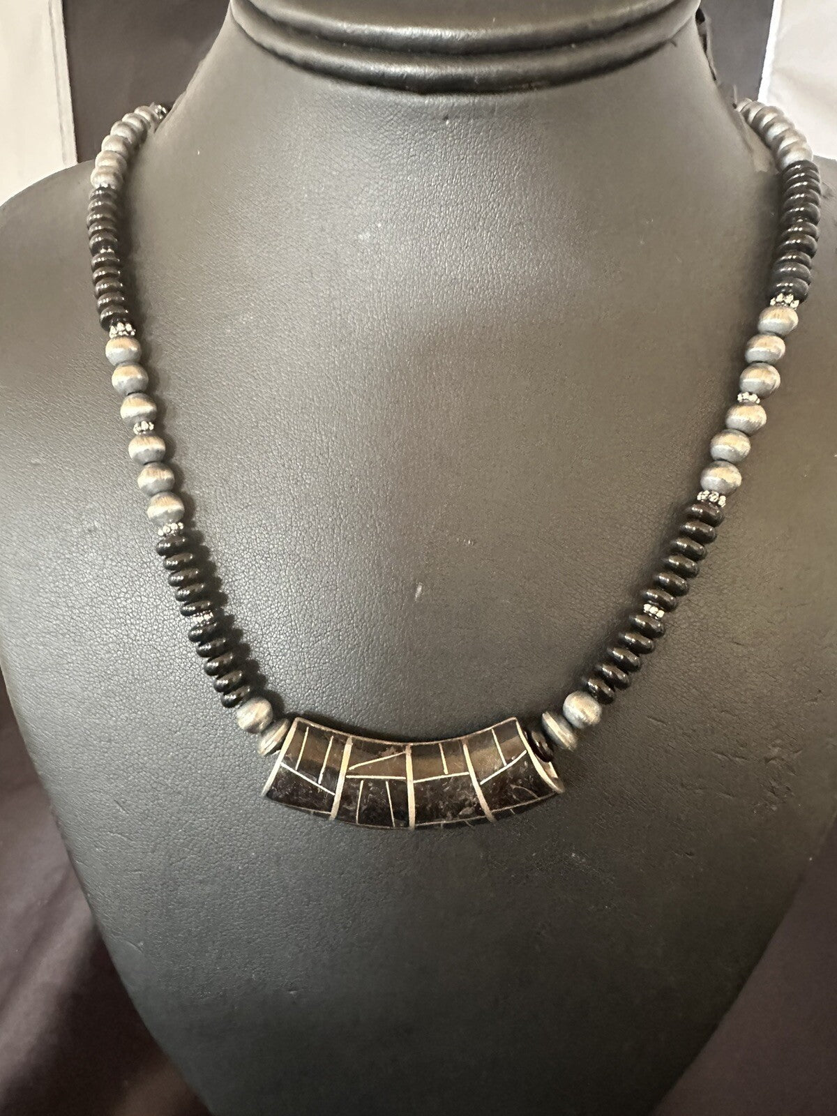 Mens Womens Black Onyx Pendant Navajo Sterling Silver Beads Necklace 18330