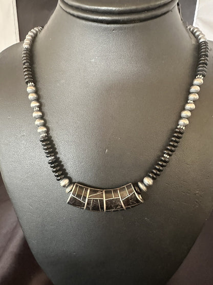 Mens Womens Black Onyx Pendant Navajo Sterling Silver Beads Necklace 18330