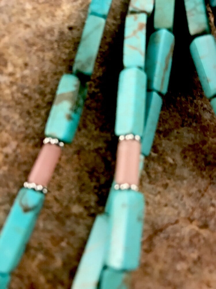 Navajo 3S Stabilized Blue Turquoise Pink Opal Bead Sterling Silver Necklace1201