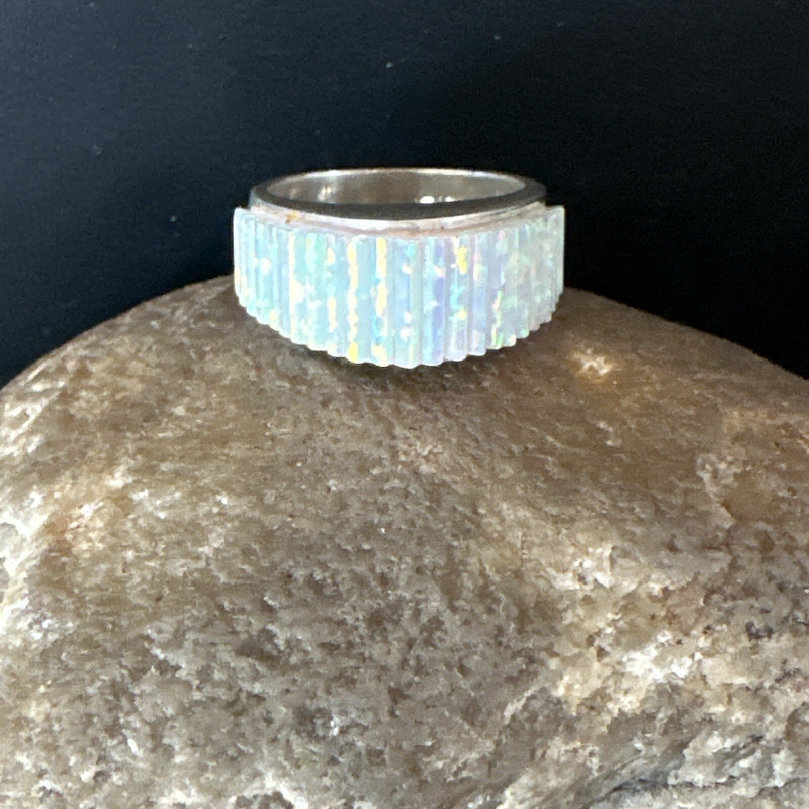 Blue Opal Navajo Sterling Silver Band Inlay Ring Size 6 18801