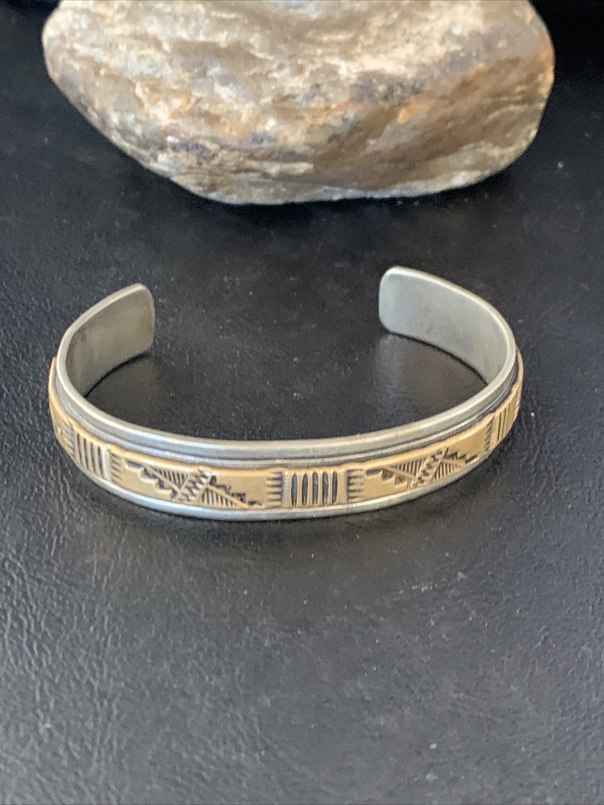 Mens Navajo Handmade Stamped Sterling Silver 12K Gold Cuff Bracelet 19032