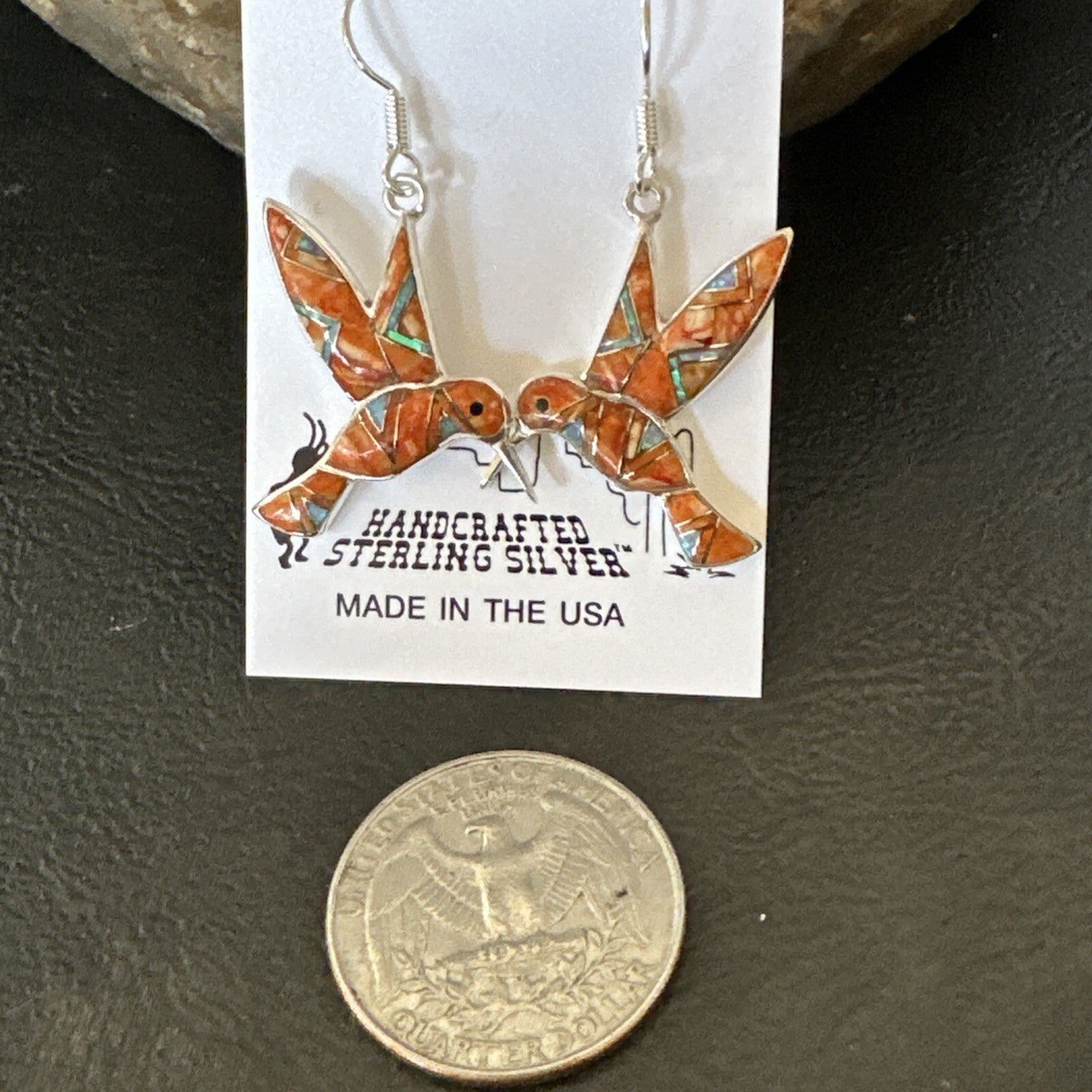 Orange Spiny Oyster Opal Sterling Silver Hummingbird Dangle Earrings 18552