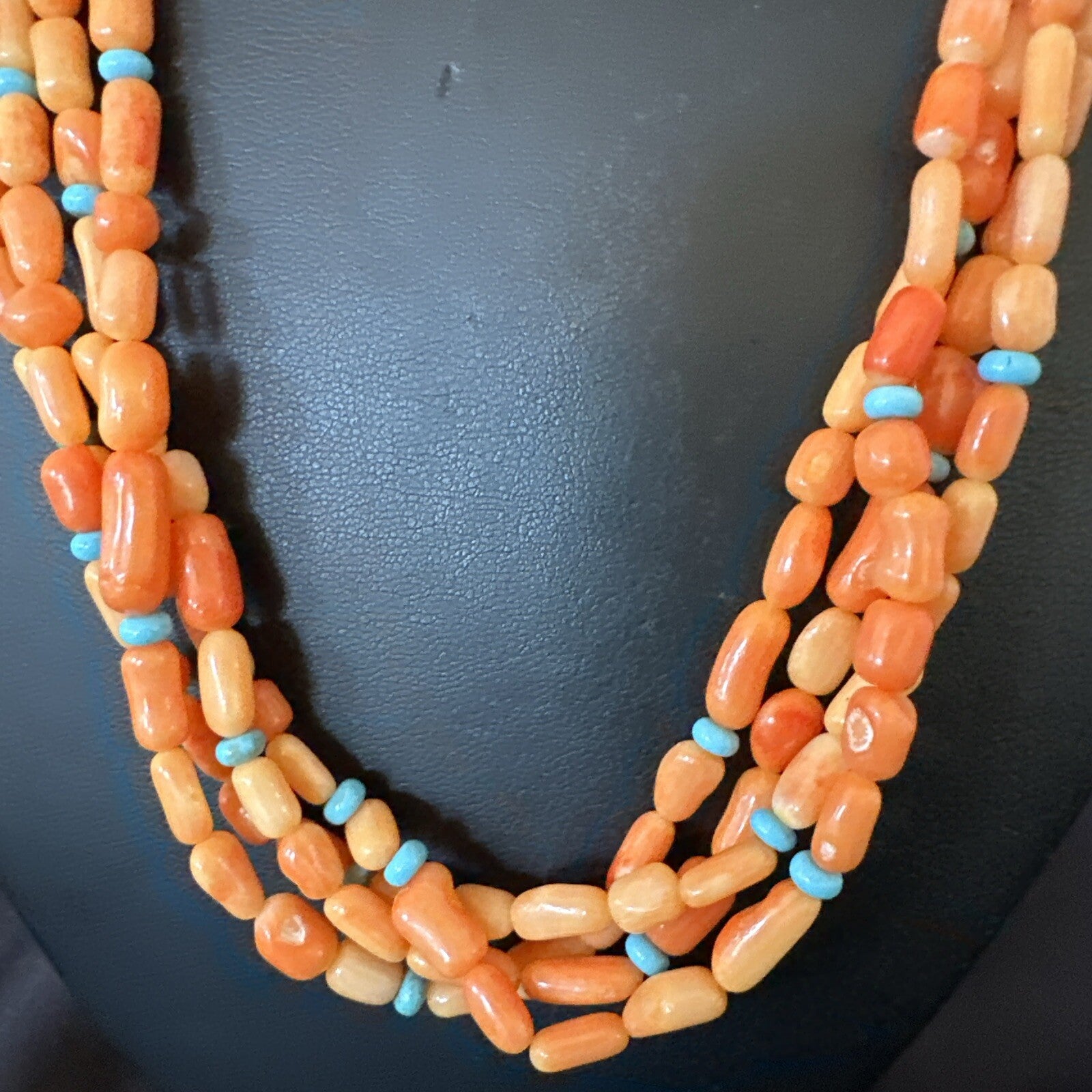 Native Turquoise Orange Coral Sterling Silver 4 Strand Necklace 21" 17820