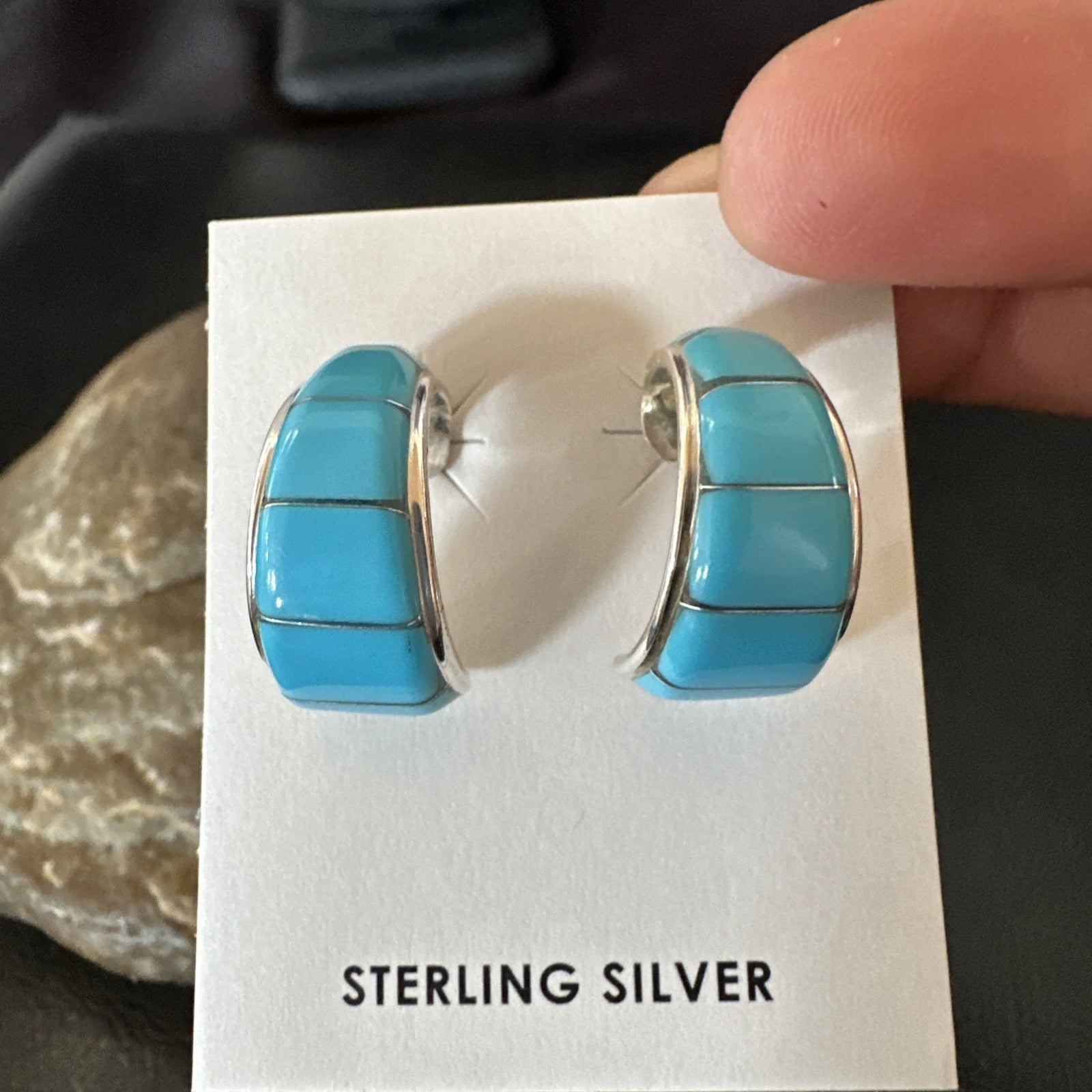 Southwestern Sterling Silver Blue Turquoise Stud Inlay Earrings 1” 19267