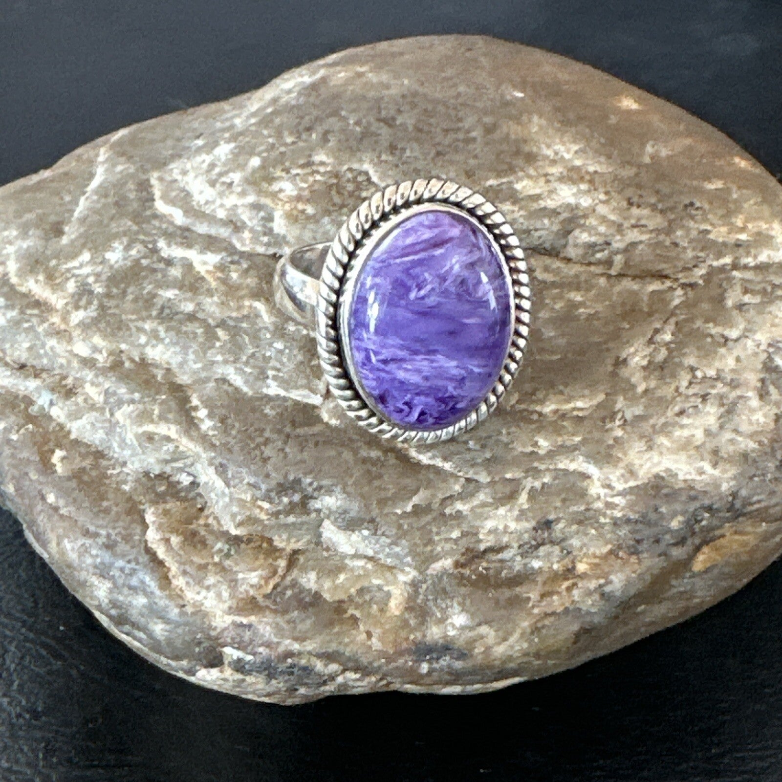 Womens Purple Charoite Navajo Sterling Silver Oval Ring Adjustable Size 9 17247