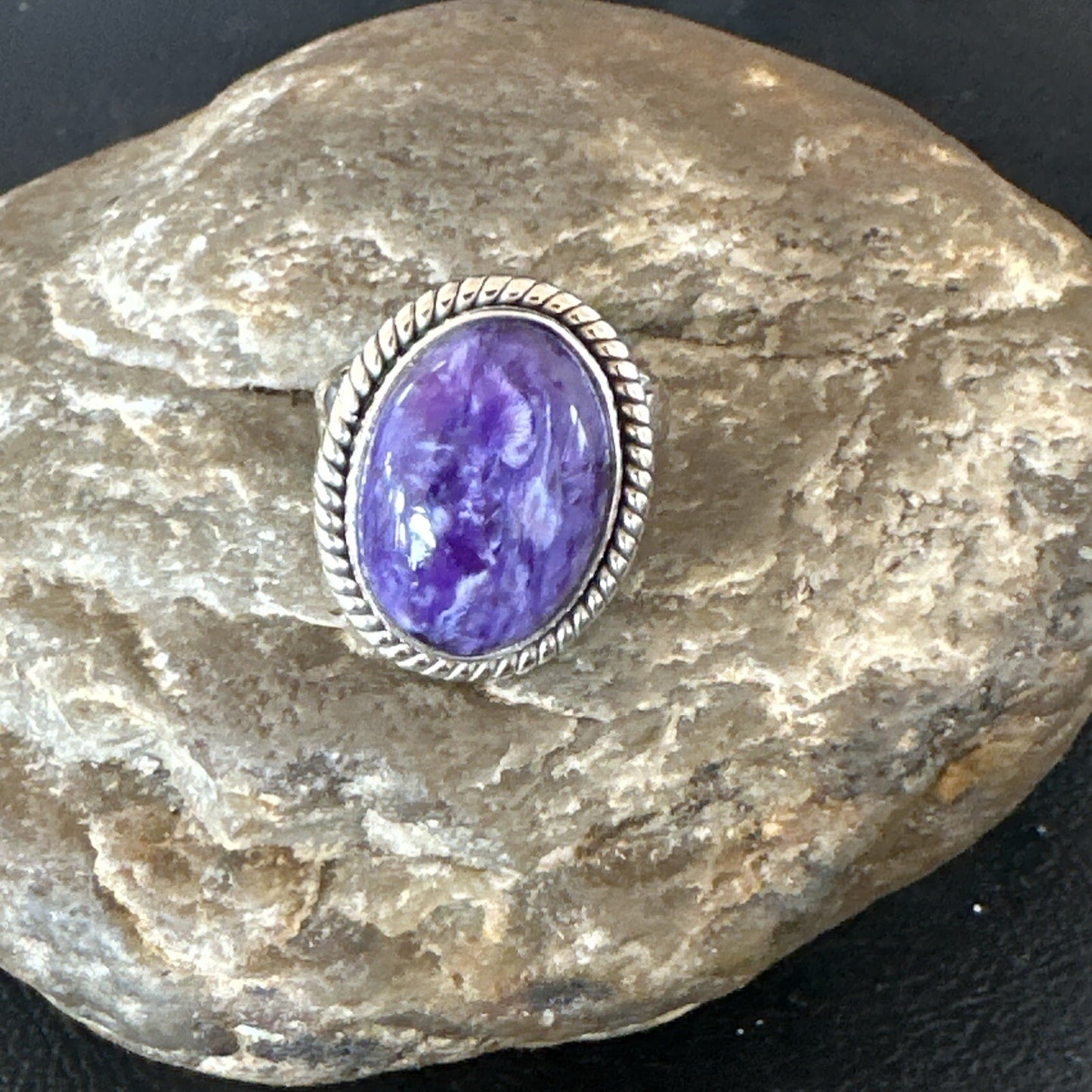 Womens Purple Charoite Navajo Sterling Silver Oval Ring Adjustable Size 9 17245