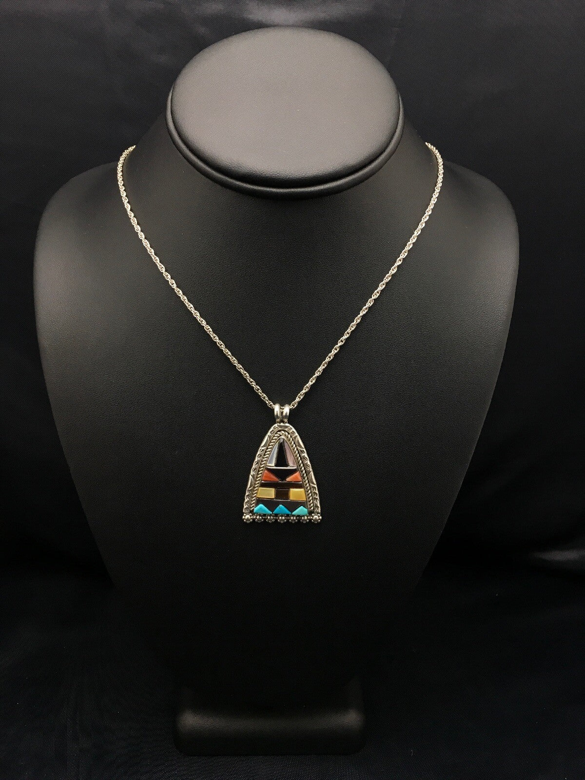 Turquoise Multi-Color Pendant Navajo Indian Sterling Silver Necklace 4093