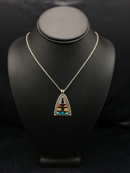Turquoise Multi-Color Pendant Navajo Indian Sterling Silver Necklace 4093