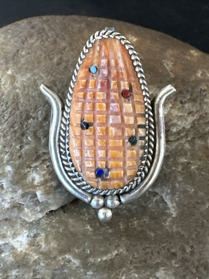 CORN INLAY Orange Spiny Turquoise Coral Zuni Sterling Silver Pin Pendant 17851