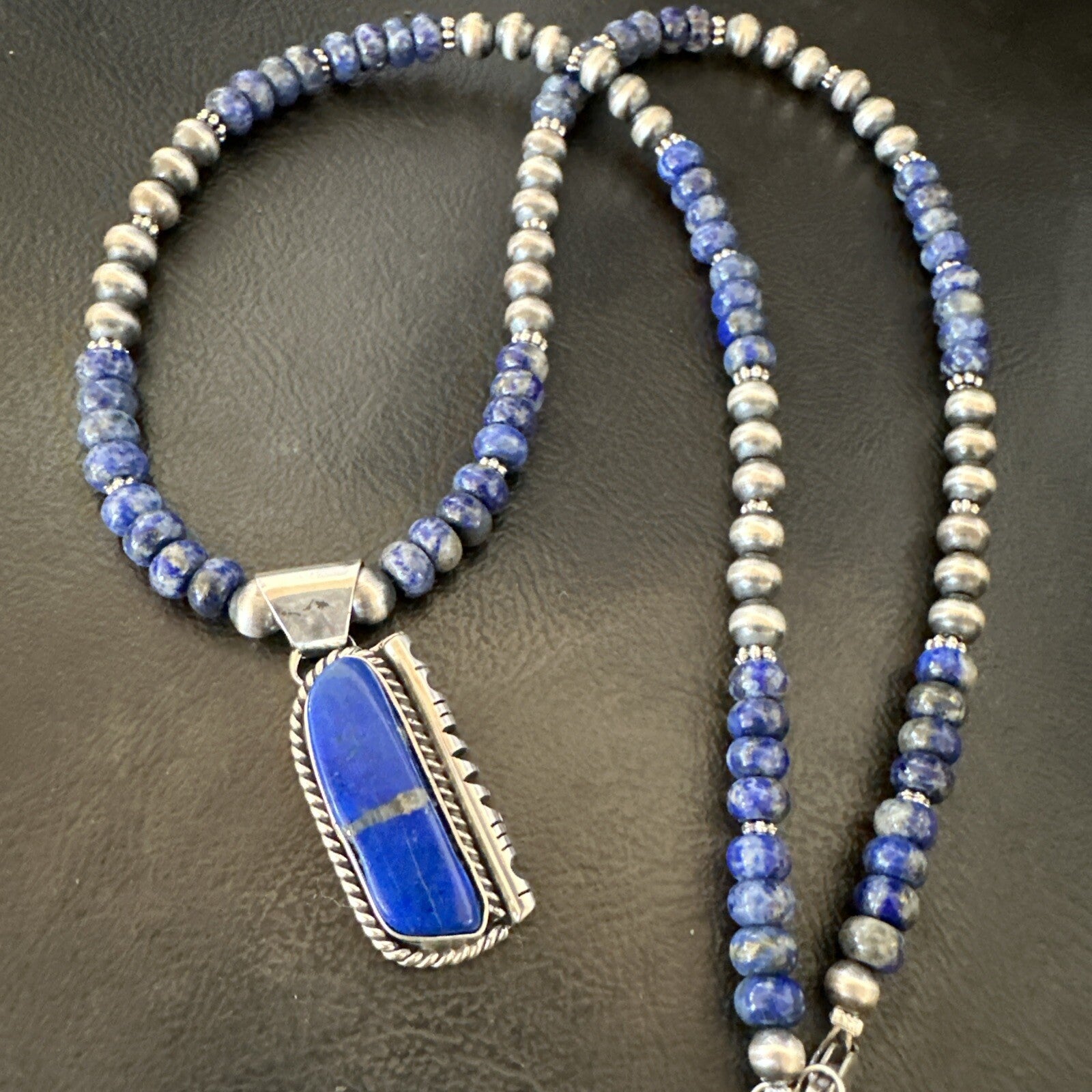 Blue~Lapis~Pendant~Navajo~Pearls~Sterling~Silver~Necklace~ 22”~18742