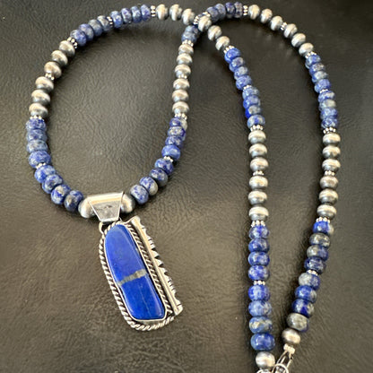 Blue~Lapis~Pendant~Navajo~Pearls~Sterling~Silver~Necklace~ 22”~18742