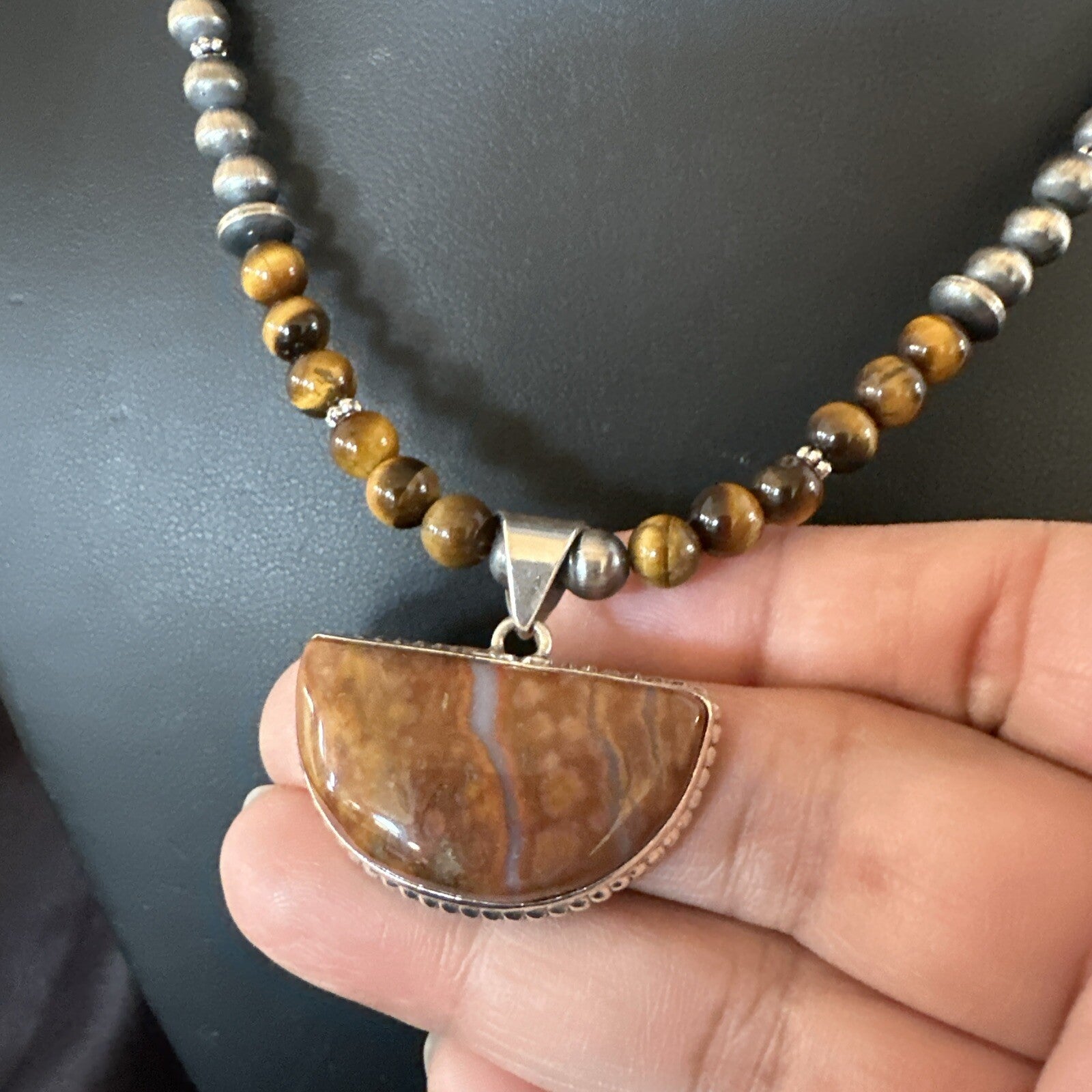 Coffee Tigers Eye Jasper Sterling Silver Pendant Necklace Southwestern 18290
