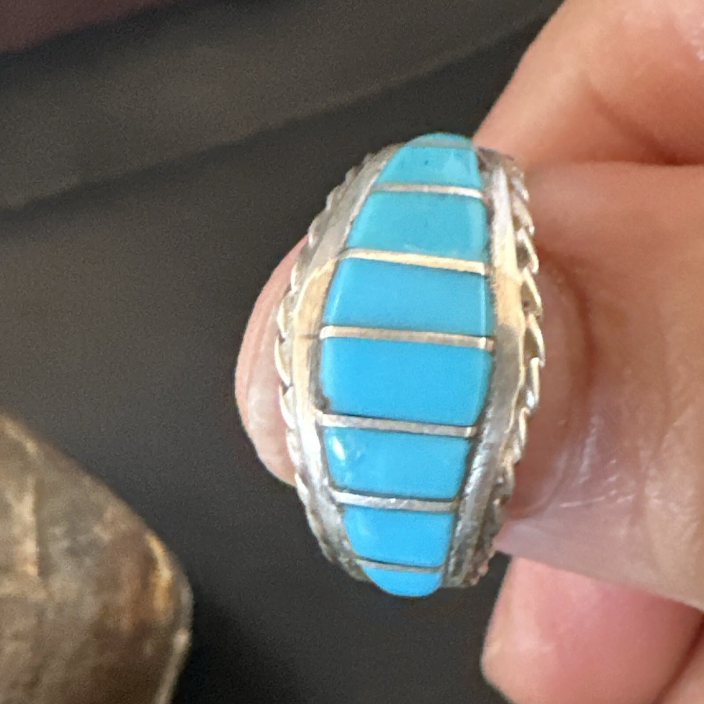 Native American Indian Navajo Blue Turquoise Inlay Band Ring Sz 8 17970
