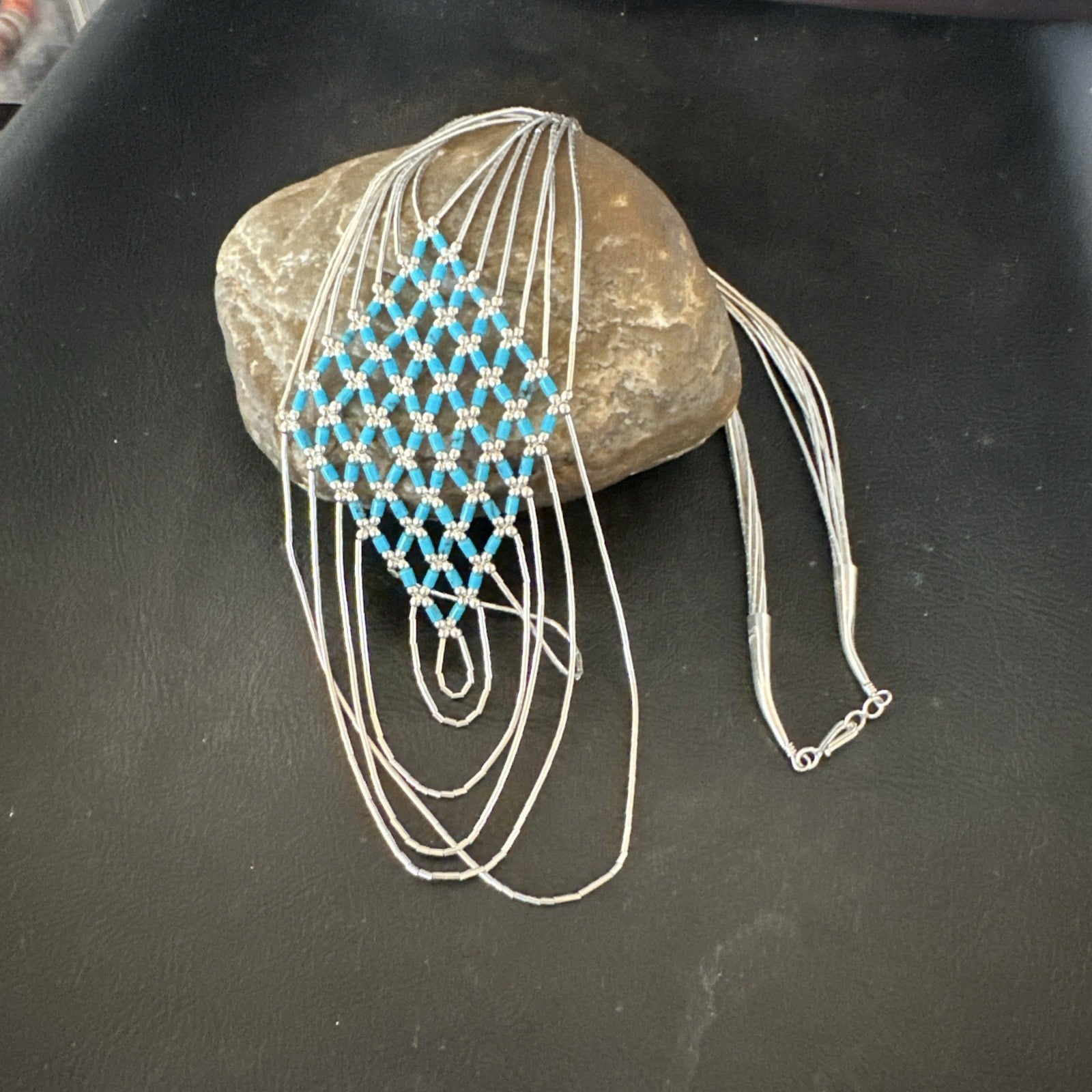 Turquoise Heishi Tubes Pendant 7 Strand Liquid Sterling Silver Necklace 19748