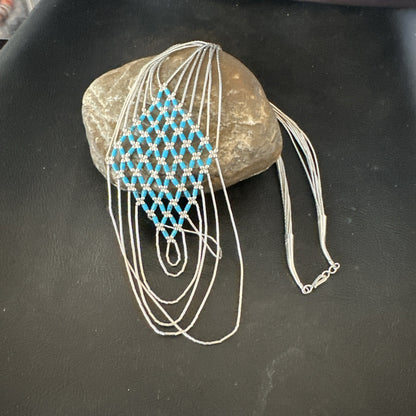 Turquoise Heishi Tubes Pendant 7 Strand Liquid Sterling Silver Necklace 19748