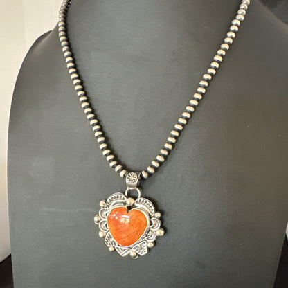 H Joe Orange Spiny Oyster Heart Pendant Navajo Sterling Silver Necklace 19486