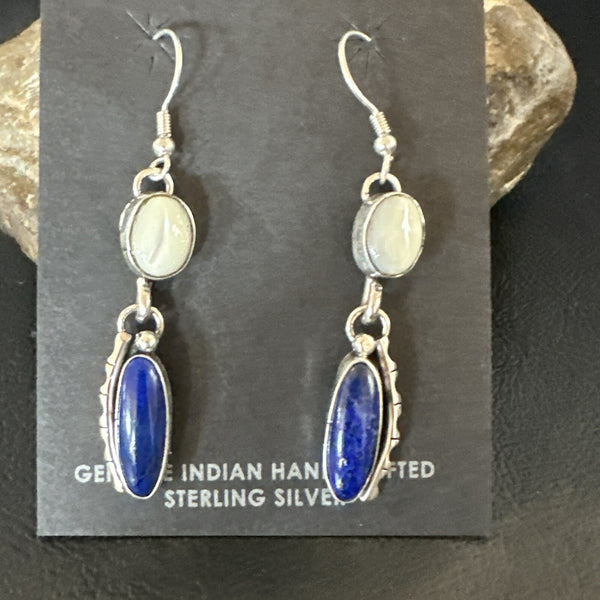 Navajo White MOP Blue Lapis Dangle Earrings | Sterling Silver | Authentic Native American Handmade | 18183