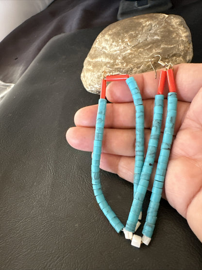 Blue Turquoise Coral Santo Domingo Sterling Silver Long Dangle Earrings 3" 17848