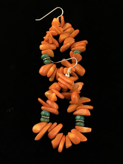 Orange Coral & Turquoise Navajo Sterling Silver Earrings 01776