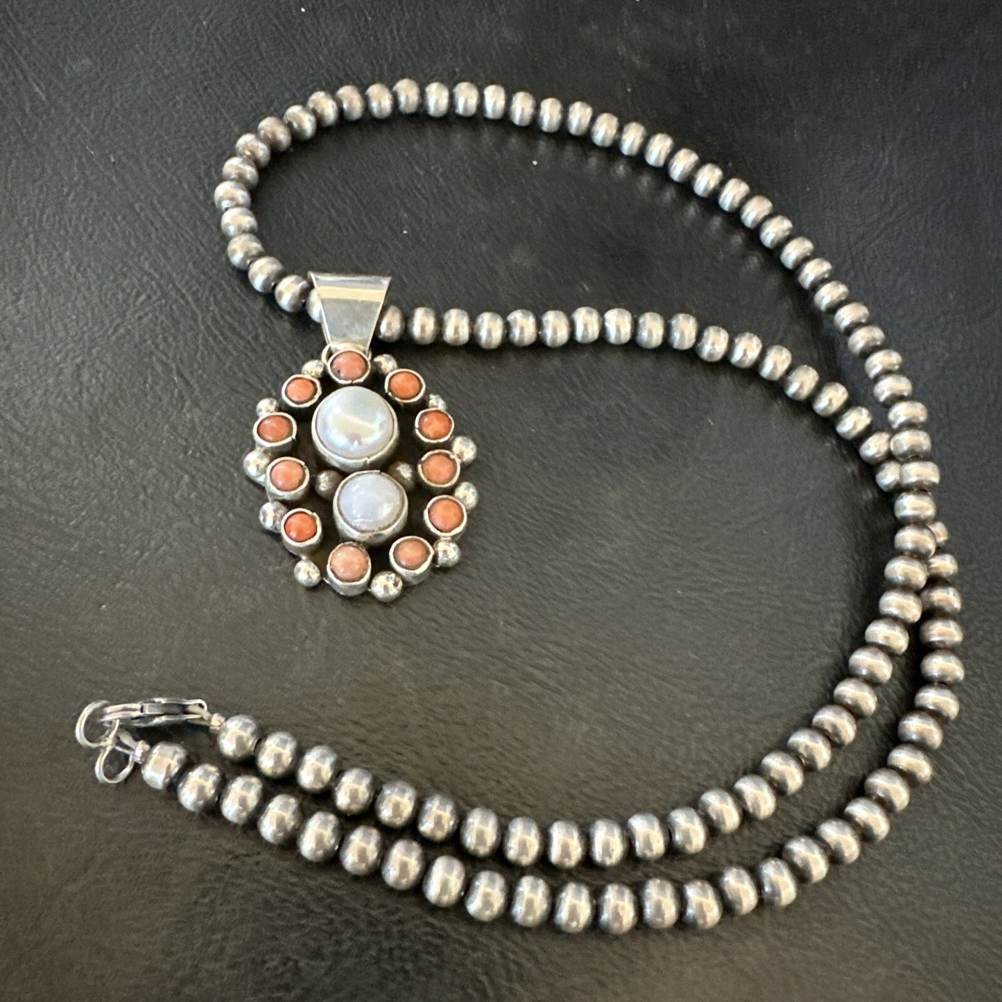 Pink Coral White Pearl Navajo Sterling Silver Cluster Pendant 1.5” 18402