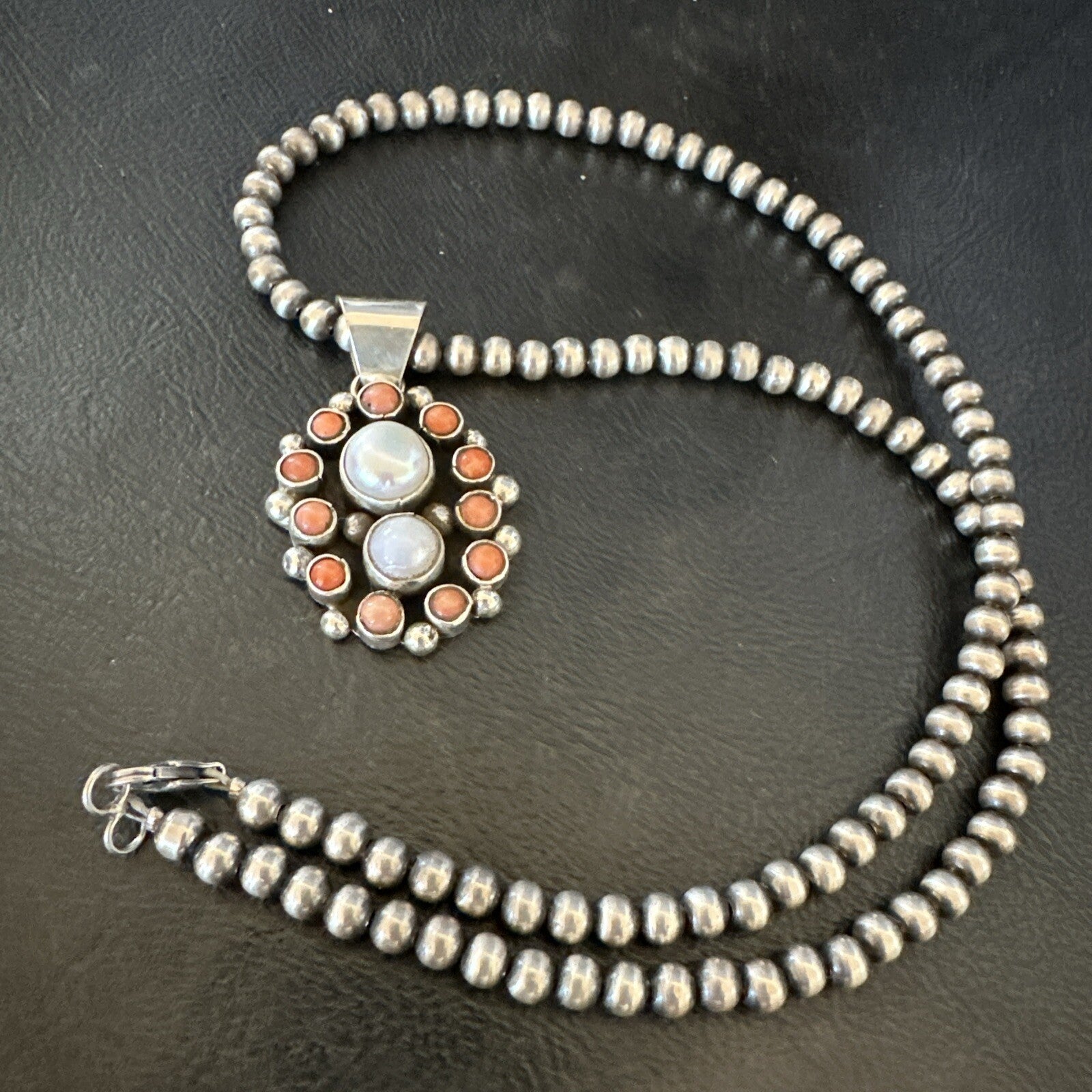 Pink Coral White Pearl Navajo Sterling Silver Cluster Pendant 1.5” 18402