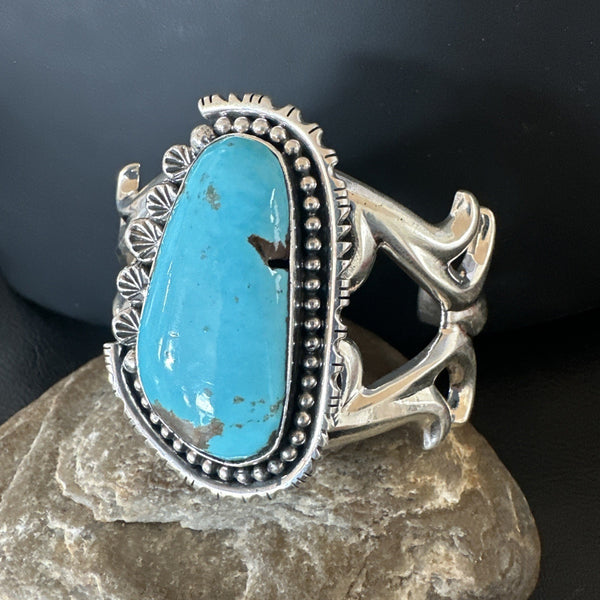 Men's Blue Kingman Turquoise Navajo Cuff Bracelet | Sterling Silver | Authentic Native American Handmade | 19348